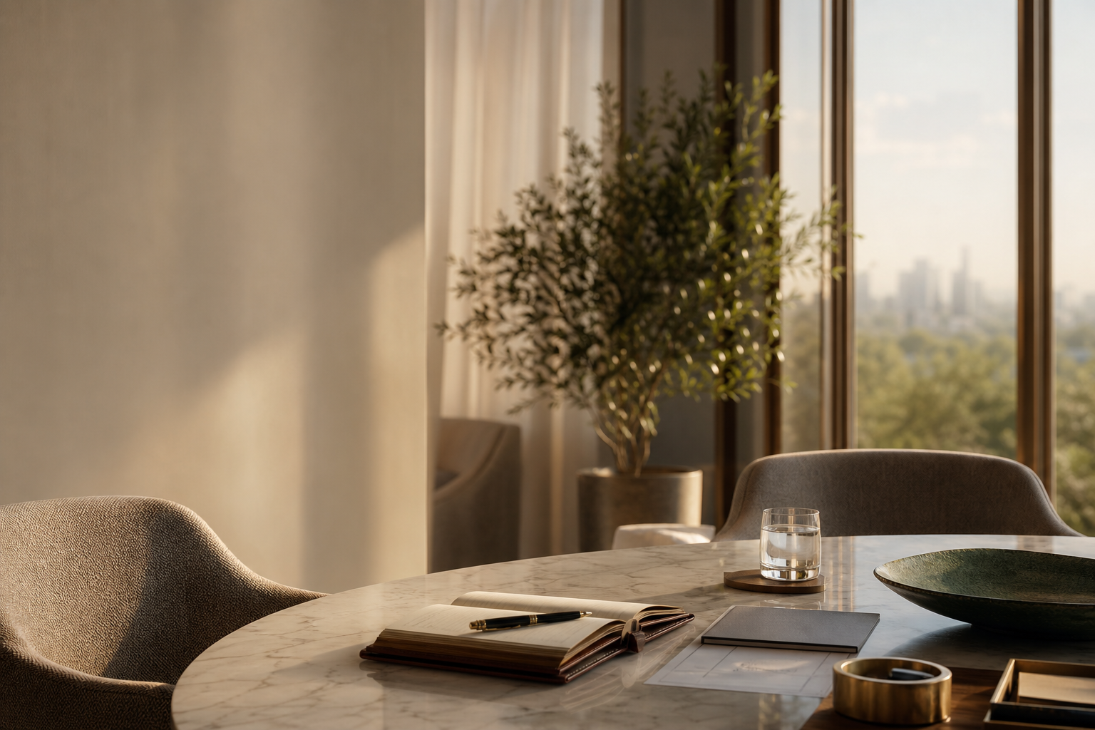 A calm private consultation room with a notebook, pen, documents, and morning light.